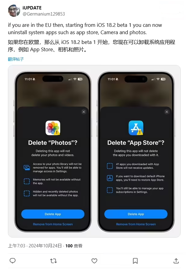 张北苹果手机维修分享iOS 18.2 支持删除 App Store 应用商店 