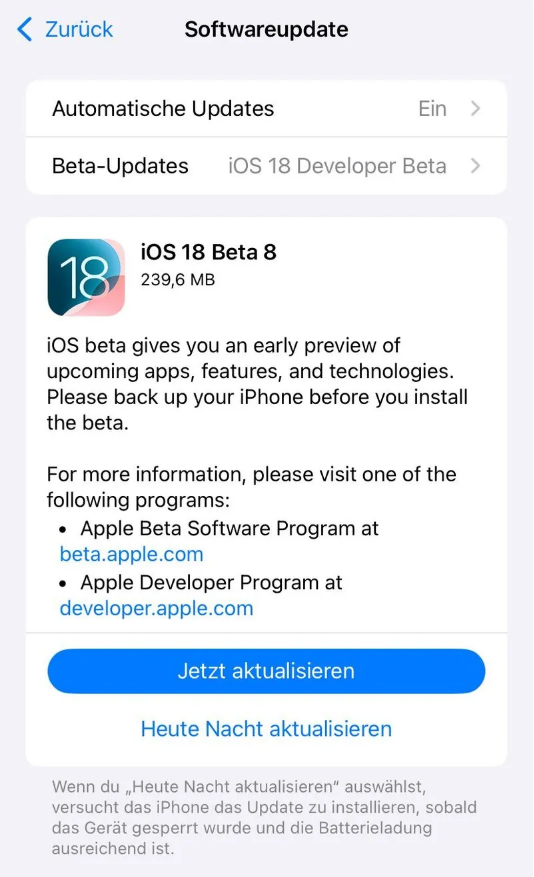 张北苹果手机维修分享苹果 iOS / iPadOS 18 开发者预览版 Beta 8 发布 